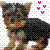 Pixelated dog with brown and black fur stands against white background, four pink hearts float above right side.