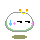 Pixelated white rounded character with green outline, orange-yellow antennae, black eyes, pink blush marks, and blue plus symbols on cheeks, showing four distinct facial expressions.