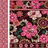 Pixelated floral pattern with pink and white flowers on dark green leaves, adjacent to red text on dark red background.