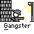 Pixel art animation of a character in a gray suit and white face standing near a brick building and streetlamp, with yellow light rays and the word 'Gangster' below.