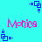 Pixelated pink text 'Monica' appears on a cyan background with blue square-dot patterns in corners and mid-edges.