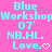 Pixelated cyan text on bright pink background with heart symbol, showing two identical side-by-side layouts of 'Blue Workshop 07' NB.HL. Love.'.