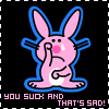 A 2x2 contact sheet of a pink cartoon rabbit with blue outline in three visible frames showing text color variations against black background, one frame grayed out.