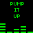 Green pixelated text and bar graphs on black background, repeating 'PUMP IT UP' with horizontal green bars shifting between frames.