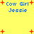 Yellow background with blue text reading "Cow Girl Jessie" and red plus signs scattered across the image.