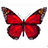 Pixelated red butterfly with brown wing tips on white background, accompanied by purple text and smiley face on black background.