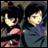 Pixelated anime-style buddy icon featuring two characters with dark hair and a purple scarf, alongside stylized text on a black background.