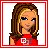 Pixelated cartoon woman with brown hair and blue eyes wearing red top, next to heart-themed animations and text.