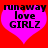 Two identical pink heart-shaped icons with black text on red background, each displaying 'runaway love GIRLZ' in pixelated font.
