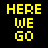 Yellow pixelated text on black background with three vertical of words, static display