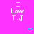 A static image with a bright pink background displays repeated text "I Love T.J" in white pixelated font and small cyan heart symbols.