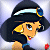 Pixelated character with black hair, blue headband, yellow earrings, and red lips in profile view against light background.