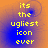 Yellow pixelated text reading 'its the ugliest icon ever' on a blue and orange gradient background with subtle circular patterns.