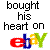 Pixelated text reads 'bought his heart on' above a colorful eBay logo with red, blue, yellow, and green letters.