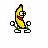 Pixelated banana character with red mouth and black eyes, shown in multiple poses including standing, holding dumbbells, wearing sunglasses, and playing electric guitar.