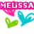 Pixelated pink, green, and cyan heart shapes surround two pink "MELISSA" text blocks on white background.