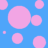 Blue background with scattered pink, purple, orange, yellow, and green circles of varying sizes; gray rectangle in bottom right corner.