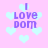 Pixelated text "I Love Dom" in purple on pink background with light blue hearts, two variations of heart arrangement visible.