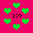 Green heart shapes and black question marks on a bright pink background with pixelated blur effects.