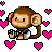 Pixelated monkey with brown fur and pink cheeks surrounded by pink hearts on white background, next to bold text "Whats up Monkey Butt!" on bright pink field.