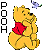 Pixelated cartoon icon of a yellow bear wearing red with the word POOH in black text on the left, featuring a small blue butterfly above its head.