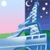 Pixelated scene with a blue and white structure resembling a tower or monument against a gradient sky transitioning from pink to light blue, with a white circular shape in the top left corner.