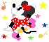 Pixelated Minnie Mouse character in red polka-dot dress with pink bow, surrounded by colorful stars and musical notes on gray background.