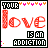 A 4x4 contact sheet of animated AIM buddy icons showing sequential frames with the text 'YOUR love IS AN ADDICTION' in red and black, featuring changing heart patterns above the text.