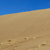 A static image showing a sandy desert landscape under a clear blue sky with scattered small dark patches on the sand.