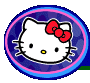 Two circular Hello Kitty icons with blue outer rings and pink inner borders, each featuring a white cat face with red bow on purple background.