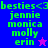 Pixelated green text lists names beneath 'besties<3' on blue and purple backgrounds with star symbols.