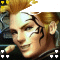 Pixelated character with blonde hair and black face markings, smiling in a of four showing slight variations