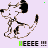 Pixelated dog icon with black and white patches, brown accents, sitting pose, tail curled right, green text "HEEEE !!!" below on light purple background.