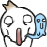 Pixelated static icon featuring a white cartoon character with large eyes and an open mouth, holding a blue ghost-like figure against a gray background.
