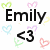 Pixelated graphic with 'Emily' text, heart symbols in green, pink, blue, purple, and red hues, plus a '<3' symbol on white background.