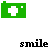 Green square icon with white cross and small white dot, paired with black pixelated 'smile' text in multiple positions.