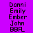 Static image of a with three and six of text names on a purple background, each name in a pixelated font with light blue highlights