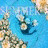 A blue background with floral patterns and a central smiling face icon, displaying text changes across frames.
