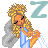 Pixel art animation of a cartoon woman with blonde hair sleeping on gray pillows, accompanied by a large Z symbol that changes color between frames.