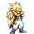 Pixelated character with spiky golden hair and white pants in dynamic poses, surrounded by blue and purple energy effects on gray background.