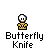 Pixel art character with white head and yellow shirt, performing sequential actions including raising arm, holding knife, and emitting red particles, with "Butterfly Knife" text below.