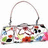 A pixelated handbag with a colorful pattern and silver handle appears on the left side of a four- , while red contain black text reading "I told your boyfriend he was gay" and "and he hit me with his Purse."