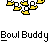 Pixelated yellow shoes and black bowling ball icons with repeated "Bowl Buddy" text on gray background, showing animation changes across frames.