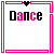 Pixelated icon with pink border and black heart at top, displaying 'Dance' text in alternating black and pink colors across multiple