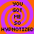 Pixelated text and spiral patterns in orange and purple with repeated phrases.