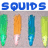 Blue 'SQUIDS' text above four vertical popsicle-like icons on a gray background, with a blue on the right showing 'Squid Buddies Forever' text flanked by white hearts
