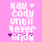 Pixelated text on pink background with white and purple elements, showing 'KAY cody until never ends' with heart and star symbols.