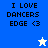 Pixelated text "I LOVE DANCERS EDGE <3" on blue and cream backgrounds with a white star and blue star icon.