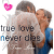 Animated contact sheet showing five frames of a couple embracing with text overlay, each frame featuring pink heart symbols and the phrase "true love never dies" in varying color states.