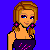 Pixel-art cartoon woman in dark purple dress with pink accents, posing against solid blue background with text "Take Me Out" in light blue.